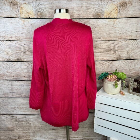 Kasper Hot Pink Open Front‎ Cardigan Ribbed Trim Lightweight Sweater PXL - Picture 3 of 7